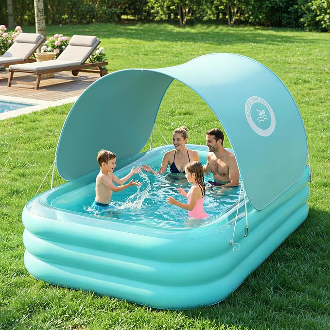 HeySplash Inflatable Pool, Swimming Pool 102" x 65"x 22" Green | Thickened Blow Up Pool with Canopy, Large Family Pool for Outdoor Backyard Garden Party Summer Fun Adults Kids