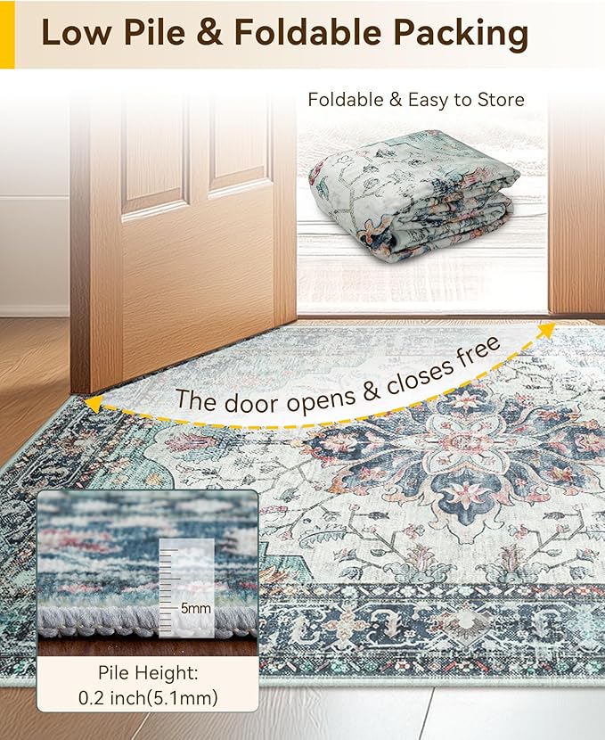 RELEANY Washable Area Rug, Runner 2'6"x5', Teal Green/White/Navy | Non-Slip, Water Repellent, Pet Friendly, Easy to Clean, Vintage Floral Boho Decor for Kitchen Entry Bedroom Bedside Laundry
