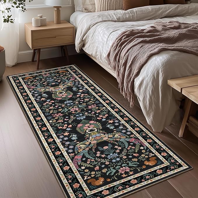 Area Rug Hallway Vintage Floral Deer Pattern 2x6 - Bohemian Forest Animal Carpet with Squirrel & Butterfly, Soft Decorative Area Rug for Living Room Bedroom Home Decor