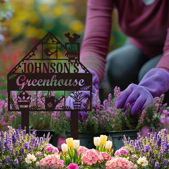 Custom Metal Greenhouse Sign, Personalized Garden Name Stake, Floral Bird Garden Decor, Outdoor Yard Metal Sign, Rustic Farmhouse Gardener Gifs