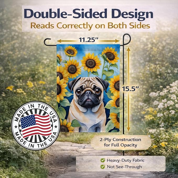 Caroline's Treasures DAC6145GF Pug in Sunflowers Garden Flag Mailbox Flag Decorative Yard Flag Banner Outside Patio Artwork Yard Flower Beds, Garden Size, Multicolor