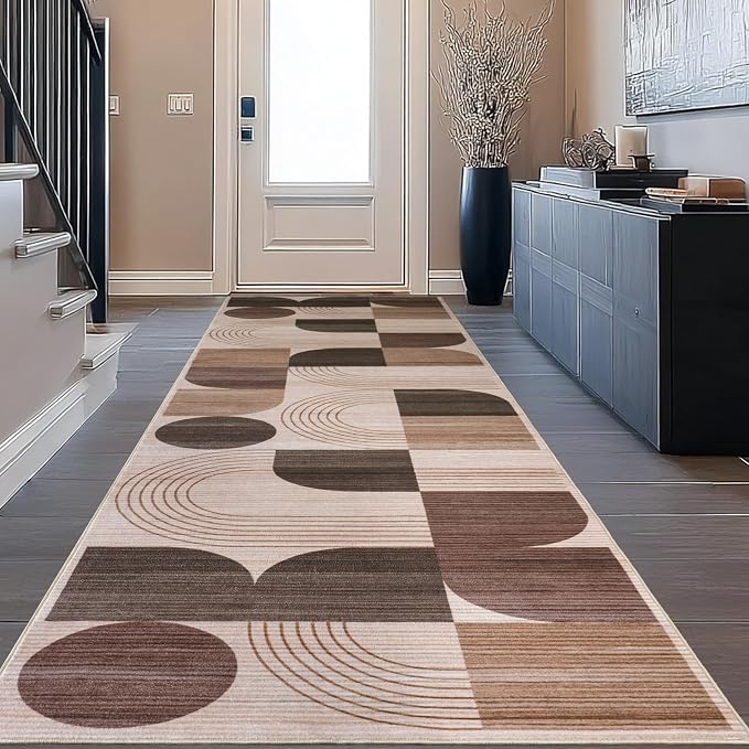 Soft Modern Geometric Abstract Machine Washable 2x6 Runner Rug | Brown Rugs for Bedroom Living Room, Non-Shedding Faux Wool Indoor Throw Floor Carpet for Office Entryway Dining Room Decor