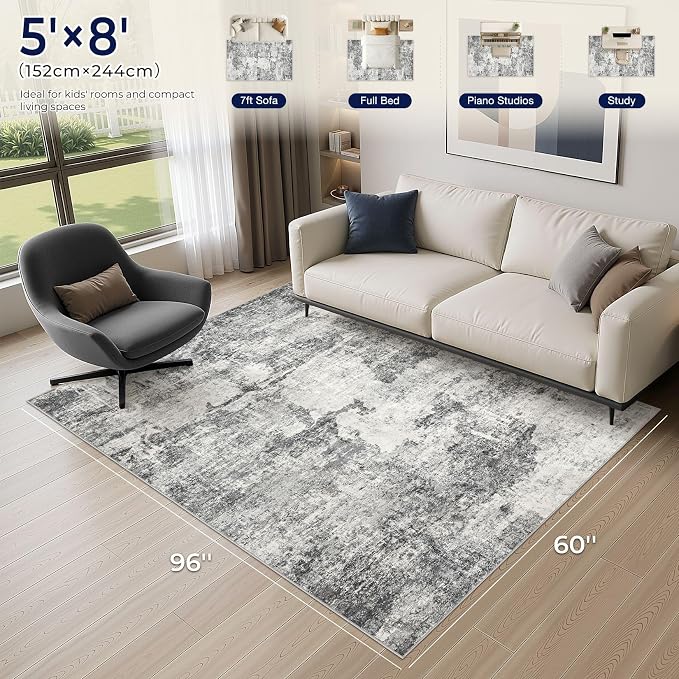 DMOYEST 5x8 Area Rug for Living Room Washable Abstract Indoor Carpet | Neutral Modern Low Pile Rugs Kid & Pet Friendly Soft Thin Carpet for Bedroom Dining Room and Office - Grey