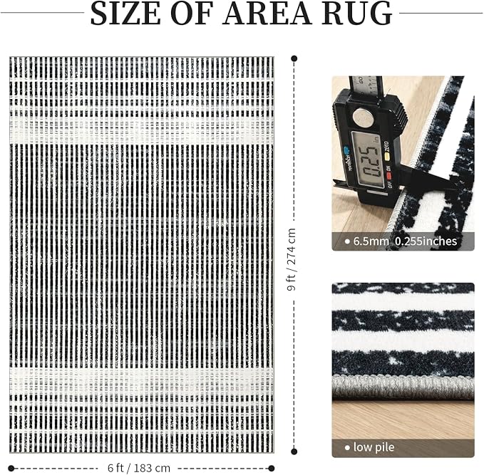 Washable 6x9 Modern Striped Area Rug, Abstract Living Room Rug | Black Beige, Soft Low Pile, Skin Friendly, Non-Slip for High Traffic, Bedroom Vintage Braided Paid Style Home Decor