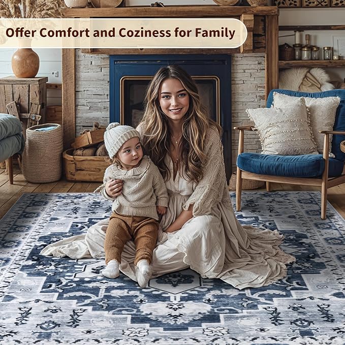 LBRO2M Machine Washable Rug Soft Pet Friendly Carpet 5X7 Blue | Persian Rug 5X7 for Living Room, Bedroom, Dining Room, Home Office, Non Slip Carpet, Foldable Stain Resistant Rugs