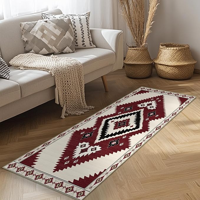Western 2x6 Runner Rugs for Hallway Southwestern Kitchen Area Rug | Washable Southwest Area Rug Low Pile Non-Slip Navajo Aztec Tribal Long Carpet for Kitchen Doorway Laundry, Beige Red