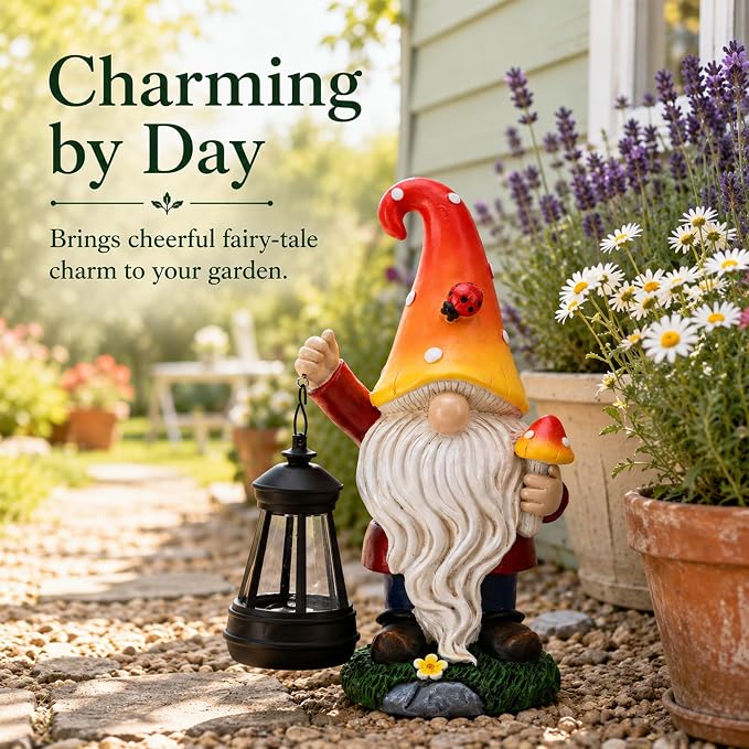 Solar Garden Gnome Statue : Mushroom Outdoor Lantern Decor | Waterproof Resin,Figurine Lights,Yard Lawn Porch Balcony Patio Home Decorations,Gifts for Mom Women Grandma