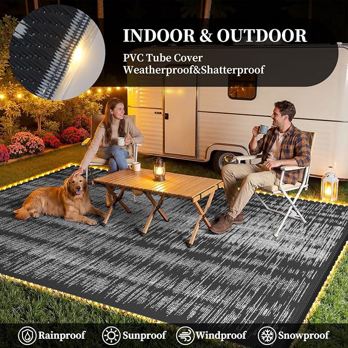 MontVoo Outdoor Rug Waterproof 6x9 ft with Strip Lights Outdoor Patio Rug Mat Reversible Plastic Straw Rug Outside Outdoor Rug for RV Camping Picnic Balcony Backyard