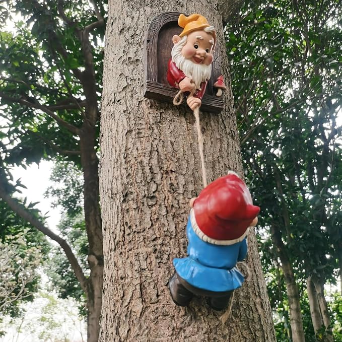 Funny Climbing Gnome Tree Hugger Decor, Garden Sculpture Decoration Elf Out The Door, Yard Ornament Resin Statue Outdoor Decor for Patio Lawn