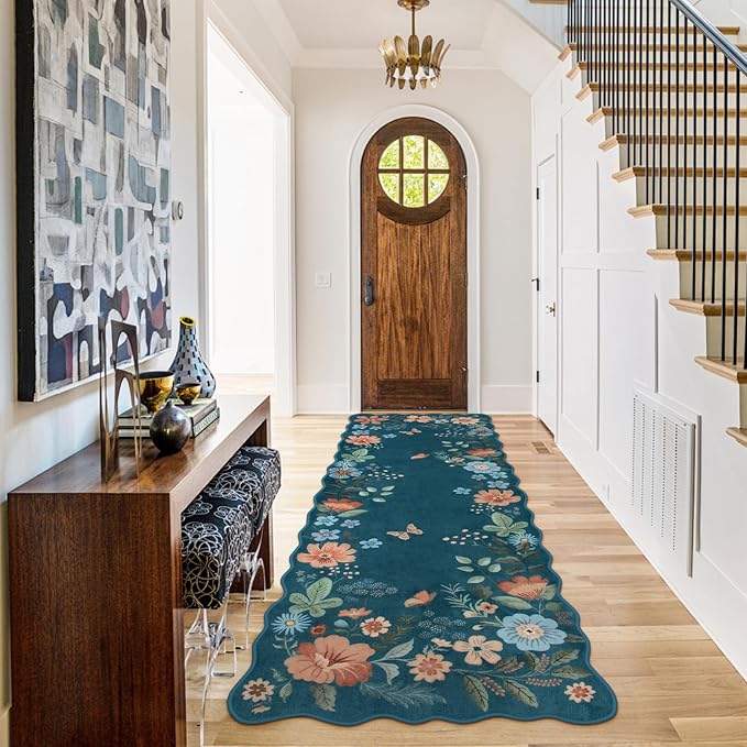 Lahome Floral Kitchen Runner Non-Slip, 2X6 Soft Washable Hallway Runner Rug | Ultra-Thin Stain Resistant Boho Laundry Room Rug Low-Pile Carpet for Bathroom Entryway Bedroom Flore, Navy Blue