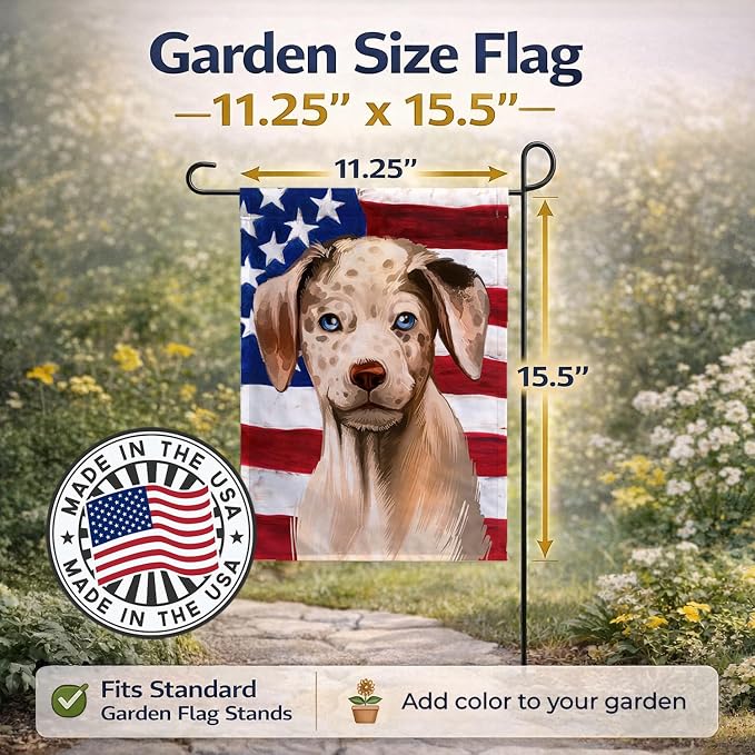 Caroline's Treasures CK6479GF Catahoula Leopard Dog American Flag Garden Flag Mailbox Flag Decorative Yard Flag Banner Outside Patio Artwork Yard Flower Beds, Garden Size, Multicolor
