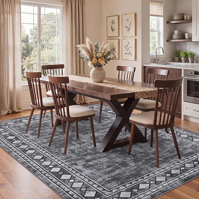 Garvee Large Area Rug 10x13 Rugs Vintage Border Washable Rug, Grey | Boho Area Rug Stain Resistant Easy Cleaning Throw Rugs Low Pile Floor Cover for Nursery Dining Room Apartment