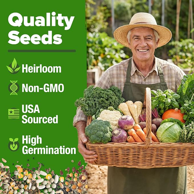 HOME GROWN 70 Variety Vegetable & Herb Seeds 30,600+ USA Non-GMO Heirloom Survival Seeds Garden Kit for Spring, Fall, Winter Indoor & Outdoor Planting Starter Set for Home Gardeners & Preppers