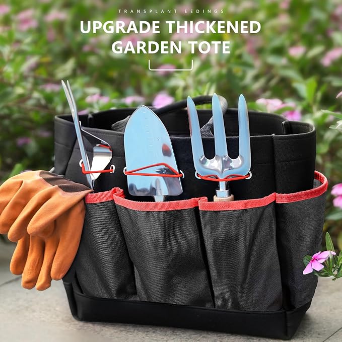 Grenebo Garden Tools 9-Piece Heavy Duty Gardening Hand Tools with Fashion and Durable Garden Tools Organizer Handbag, Rust-Proof Garden Tools Set, Ideal Gardening Gifts for Women (Black Red)