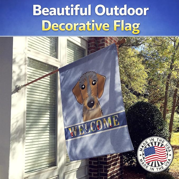 Caroline's Treasures BB1419CHF Wirehaired Dachshund Welcome House Flag, Blue Large Porch Sleeve Pole Decorative Outside Yard Banner Artwork Wall Hanging, Polyester, House Size, Multicolor