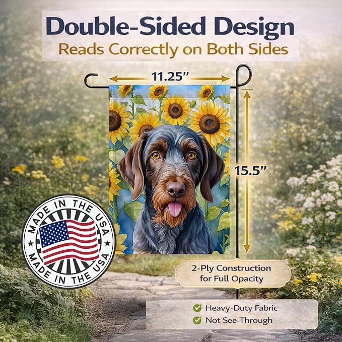 Caroline's Treasures DAC6086GF German Wirehaired Pointer in Sunflowers Garden Flag Mailbox Flag Decorative Yard Flag Banner Outside Patio Artwork Yard Flower Beds, Garden Size, Multicolor