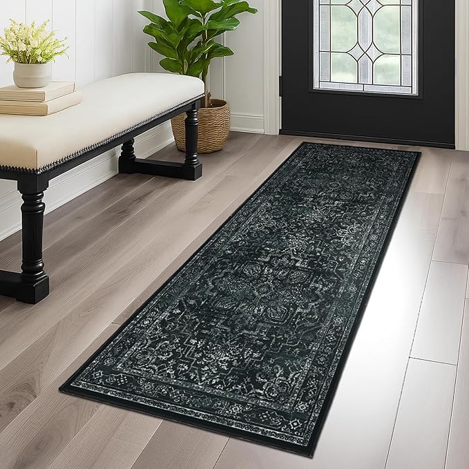 Dark Black 2x6 Runner Rugs for Hallway Entryway, Kitchen Runners Washable Non Slip Low Pile, Vintage Distressed Medallion Printed Rugs for Mudroom/Bedroom Bedside/Laundry Room/Bathroom