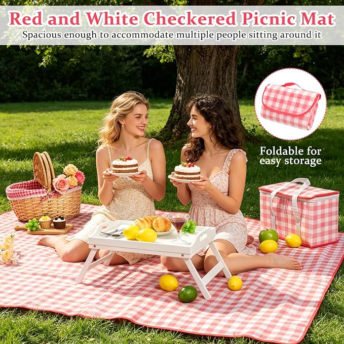Picnic Basket Set for 2, Wicker Basket with Lid, Folding Table, Insulated Cooler Bag, Mat, Cutlery & Glasses, Red and White Checkered Complete Picnic Kit for Outdoor Camping Beach Park