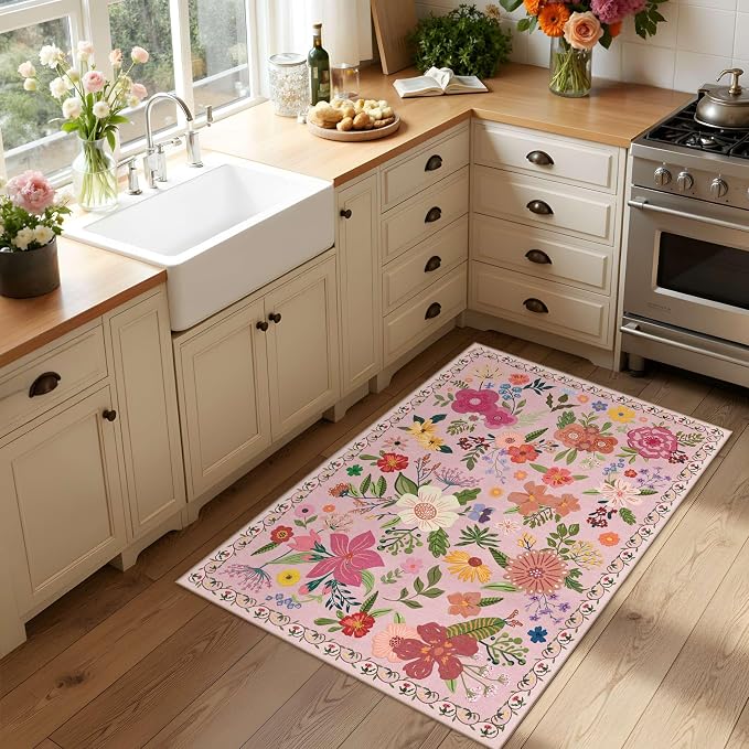 Latte&Fog Floral Entryway Area Rug, 2x3 Washable Pink Rugs for Entry | Low Pile Non Slip Soft Throw Rug Doormat for Entrance Bathroom Laundry Bedroom Nursery Playroom Hallyway Dorm Decor Office