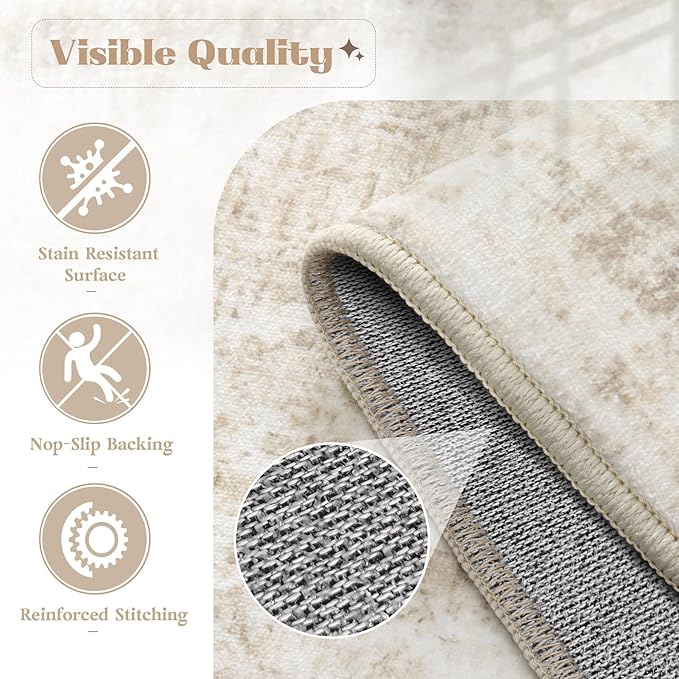 Runner Rug 2x8 Washable Rug, Vintage Boho Medallion Hallway Runner Non-Slip Soft Low Pile Distressed Floor Carpet Retro Doormat for Kitchen Bedroom Laundry Entryway Bathroom (Beige, 2'x8')