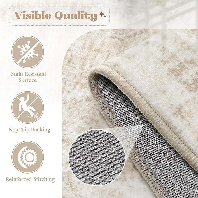 Area Rug 4x6 Washable Rug, Vintage Boho Medallion Rugs Non-Slip Soft Low Pile Distressed Rug Indoor Retro Carpet for Living Room Bedroom Dining Room Home Office (Beige, 4'x6')