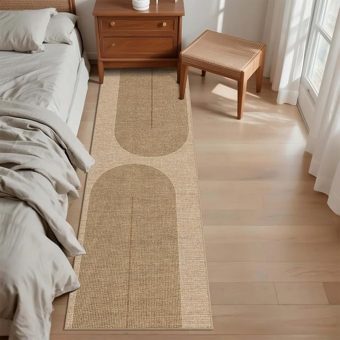 Outdoor Easy Jute Runner Rug: 2x6 Modern Natural Area Rugs for Front Patio Hallway Linen-Look Fabric Durable - Neutral Washable Mat for Entryway Kitchen Bedroom - Geometric Arch Pattern