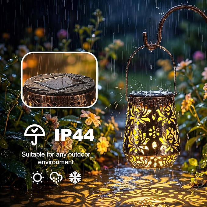 Edenseelake 2 Pack Solar Hanging Lanterns Outdoor Waterproof, Metal Flower Solar Lights, Decorative LED Lantern for Garden, Patio, Porch, Yard, Lawn, Bronze