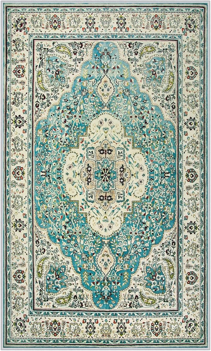 Lahome Felice Floral Medallion Area Rug - 3x5 Distressed Entry Throw Rug Turkish Indoor Accent Rug Non-Slip Washable Low-Pile Carpet for Entrance Living Room Bedroom Dining Table, Sky/Baby Blue
