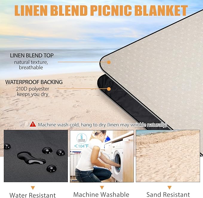 G GOOD GAIN Picnic Blanket Waterproof, Linen Feel Outdoor Blanket Extra Large - Foldable Beach Mat with Carry Strap for Camping, Park, Travel (White Flower)