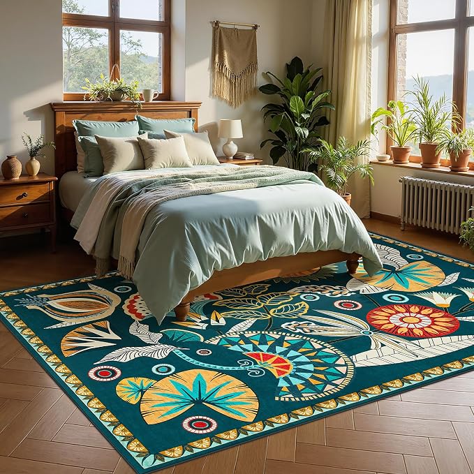 Joydeco Egypt Floral Machine Washable Living Room Bedroom Area Rugs 5x7 | Boho Botanical Colorful Non Slip Stain Resistant Flower Indoor Carpet for Dining Room Office Entryway Guest Room Playroom