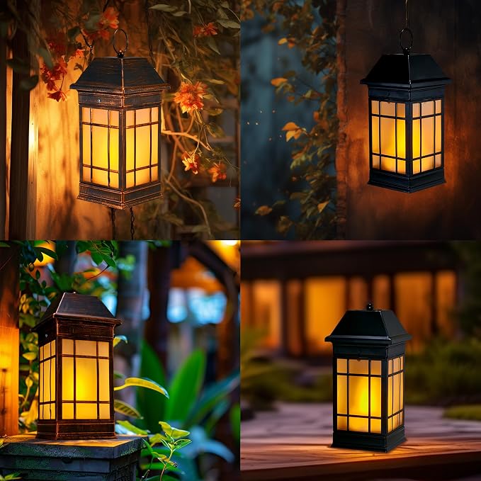 15.5" Solar Lantern Outdoor Waterproof, Glass Flickering Flame Solar Lanterns, Hanging Metal Lantern Decorative for Patio Front Porch Garden Backyard Tabletop Party Decoration
