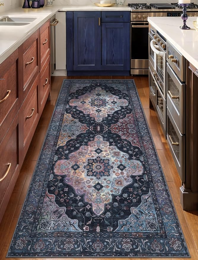 Tangsoo 2x5 Washable Runner Rugs for Hallways, Vintage Non Slip Runner Rug | Oriental Soft Low Pile Long Rug Runner, Vintage Print Indoor Carpet Runners for Entryway Kitchen Bedroom Bathroom Blue Decor