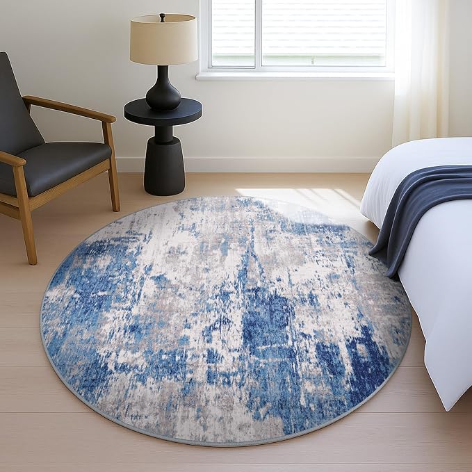 RELEANY Washable Round 4ft Area Rug for Living Room Blue Gray | Carpet for Bedroom, Kitchen, Office, Hallway and Entryway, Printed Pattern, Non‑Slip, Soft, Stain‑Resistant, Easy to Clean