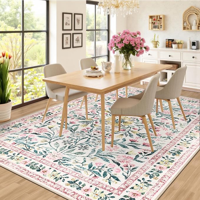 PLHXFR 6x9 Area Rug Living Room: Floral Washable Boho Carpet Pink Green | For Bedroom Dining Room Farmhouse Nursery Hallway,Vintage Floral,Machine washable,Non Slip,Stain Resistant,Large Indoor