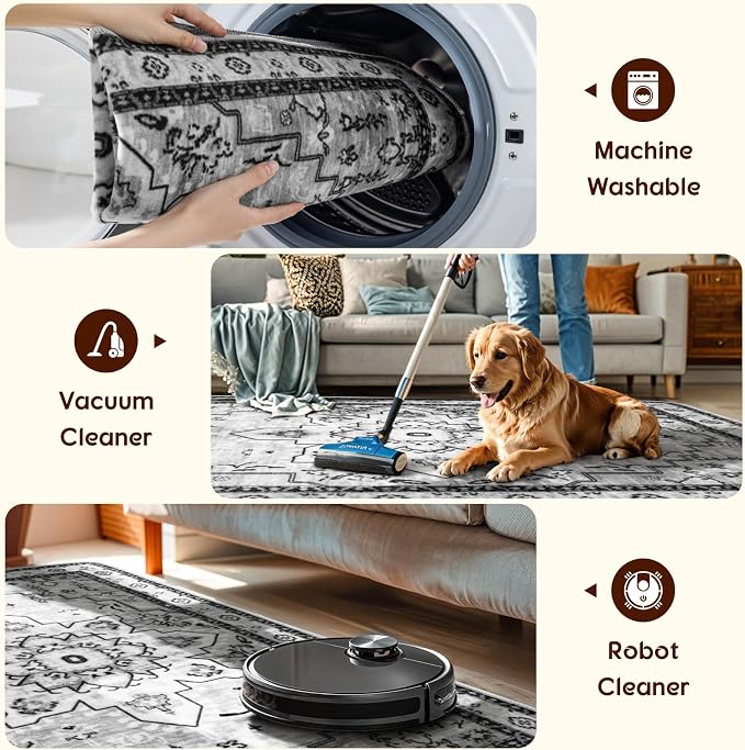 LBRO2M Machine Washable Rug Soft Pet Friendly Carpet 2X3 Gray | Persian Rug 2X3 for Entryway, Kitchen, Bathroom Non Slip Carpet, Foldable Stain Resistant Rugs