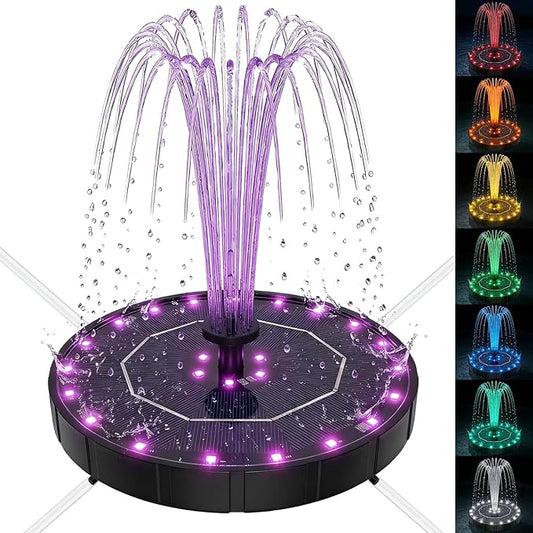 Solar Fountain for Bird Bath with Colorful LED Lights, Floating Solar Fountain, 3W Solar Powered Water Fountain Pump with Strong Spray & 5 Nozzles for Garden, Pond, Pool, 26 LED Lights