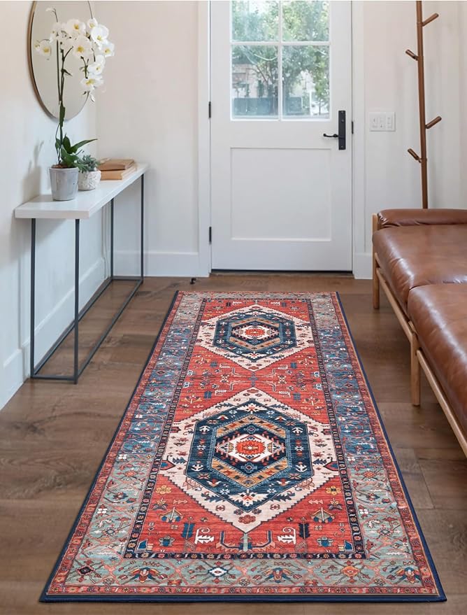 SERISSA 2x6 Washable Non Slip Boho Runner Rug for Hallway，Rust | Ultra Soft Vintage Oriental Carpet Low-Pile Distressed Tribal Floor Carpet Runner for Bedroom Bathroom Laundry Living Room