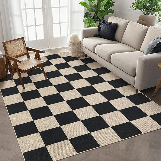 GarveeHome Checkered Easy Jute 5x7 Area Rugs for Living Room Machine Washable Non-Slip Backing Stain Resistant Modern Indoor Outdoor Rugs for Farmhouse Dining Room Patio Black