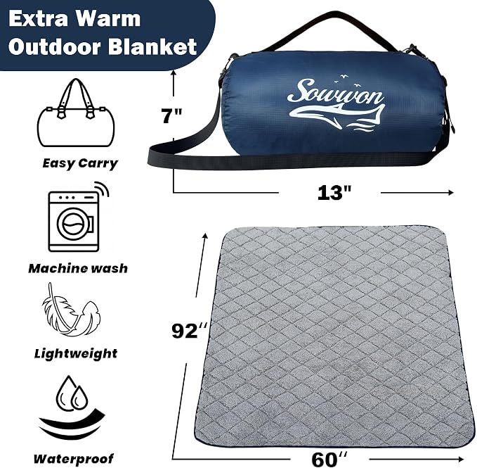 Waterproof Outdoor Blanket 92"x60" Large Sherpa Fleece 300GSM Navy | Stadium Blankets for Camping, Packable, Windproof Emergency Throw for Grass Picnic Hiking Road Trip, Machine Washable