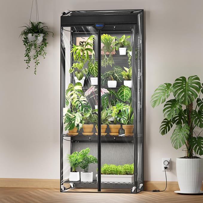 Barrina LH750 Pegboard Indoor Greenhouse with Grow Light, Plant Cabinet with 90W 5000K Full Spectrum Lamps, 3 Adjustable Pegboards, Timer, Wheel, for Foliage Plant, Seedling, 29.5x13.8x67.9IN
