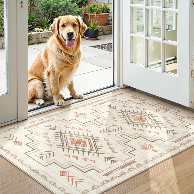 STARUIA 3x5 Washable Area Rug Western Clearance, Non-Slip Small Entryway Rug Beige Aztec Tribal Classic Boys Rug for Bedroom Low-Pile Carpet for Indoor Kitchen Bathroom(Beige 3'x5')