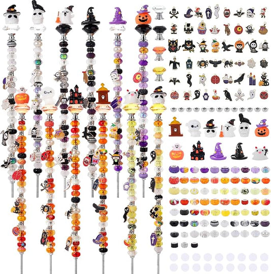 Beaded Garden Stake, DIY Halloween Decorative Garden Stake Kit, Beaded Fairy Wand with 12 in or 10 in Threaded Rod, Crystal Stopper, Large Holes Bead, Pendant,s Outdoor Thanksgiving Decorations kit