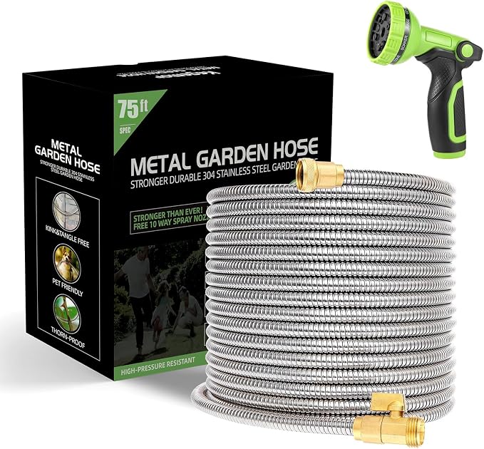 Metal Garden Hose 75 ft Water Hose 304 Stainless Flexible Lightweight Outdoor Yard Strong Durable Heavy Duty Hose Pipe with 10-Way Nozzle Solid 3/4" Brass Connectors No Kink Leakproof Outside