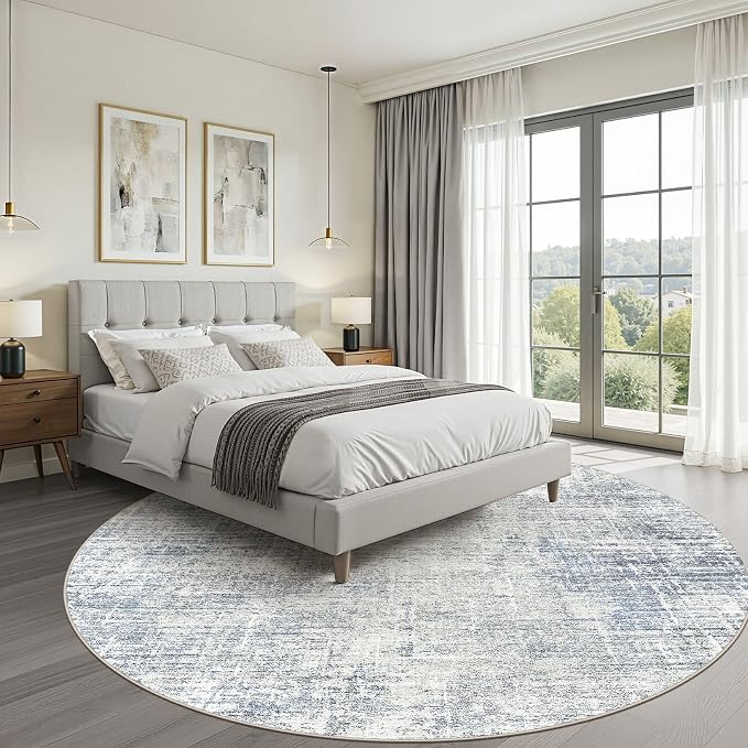 LOONGRUG Round Rug 7x7 Washable Neutral Modern Rug for Living Room Blue | Circle Large Abstract Soft Stain Resistant Indoor Non-Slip Carpet for Bedroom Nursery Kids Office Playroom Dining Room