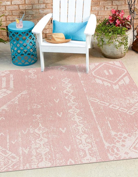 Unique Loom Outdoor Bohemian Collection Area Rug - Anthro (10' 8" Square Pink/Ivory)