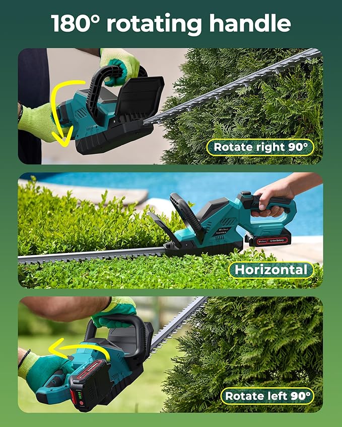 Hedge Trimmers Cordless with Battery, 3000RPM Brushless Electric Bush Clipper with 2 Pack Rechargeable Batteries, 20'' 180° Rotatable Head, 2/3'' Blade Gap, Gardening Gifts for Men Dad Father