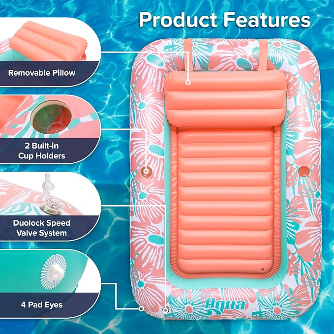 Aqua Inflatable Tanning Pool Lounger, Premium Pool Float with Cupholders and Removeable Pillow for Relaxation and Fun