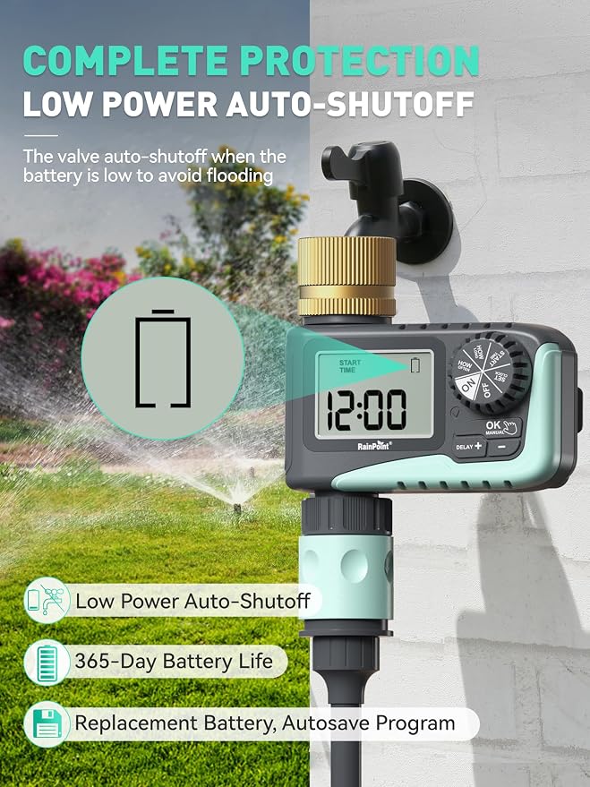 RAINPOINT 2-Pack Sprinkler Timer with Brass Swivel for Garden Hose, Programmable Hose Timer with Rain Delay/Manual Watering, Digital Irrigation System for Lawns, 1 Outlet
