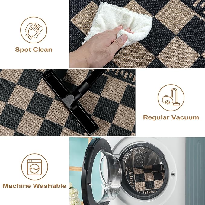 Checkered Easy Jute Front Door Mat, 2.6x4 Washable Entryway Rug Non Slip Small Kitchen Rug, Farmhouse Low Pile Floor Scalloped Rugs for Doorway Porch Bathroom