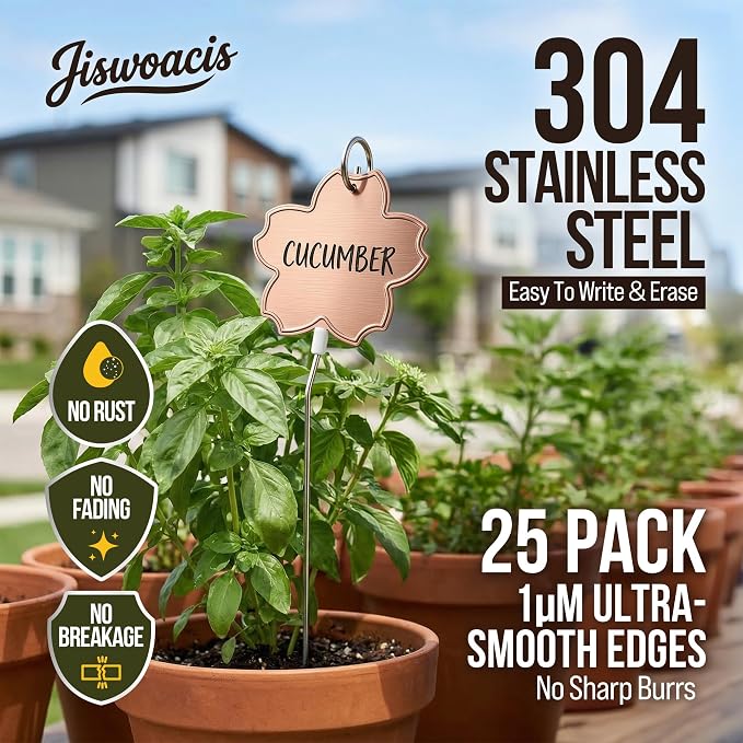 304 Stainless Steel Plant Labels 25 PCS, Reusable Metal Garden Markers, Rustproof Plant Tags with Permanent Marker, Tilted Stakes for Outdoor Garden Herbs Vegetables